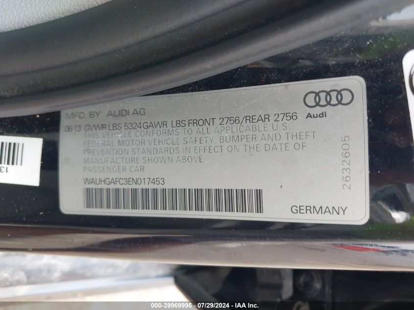 2014 Audi A6 3.0T Premium Plus VIN: WAUHGAFC3EN017453 Lot: 39969995