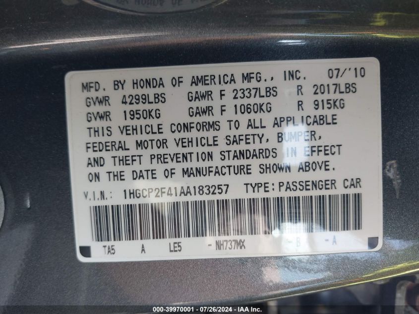 1HGCP2F41AA183257 2010 Honda Accord 2.4 Lx-P