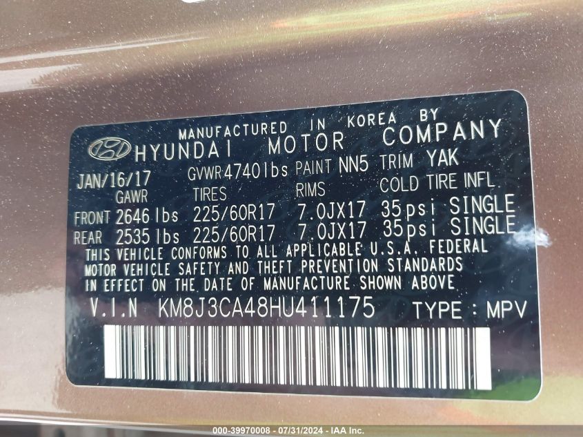 KM8J3CA48HU411175 2017 Hyundai Tucson Se