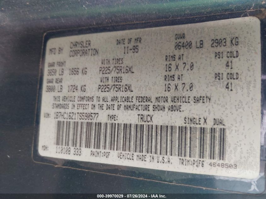 1996 Dodge Ram 1500 VIN: 1B7HC16Z1TS590577 Lot: 39970029