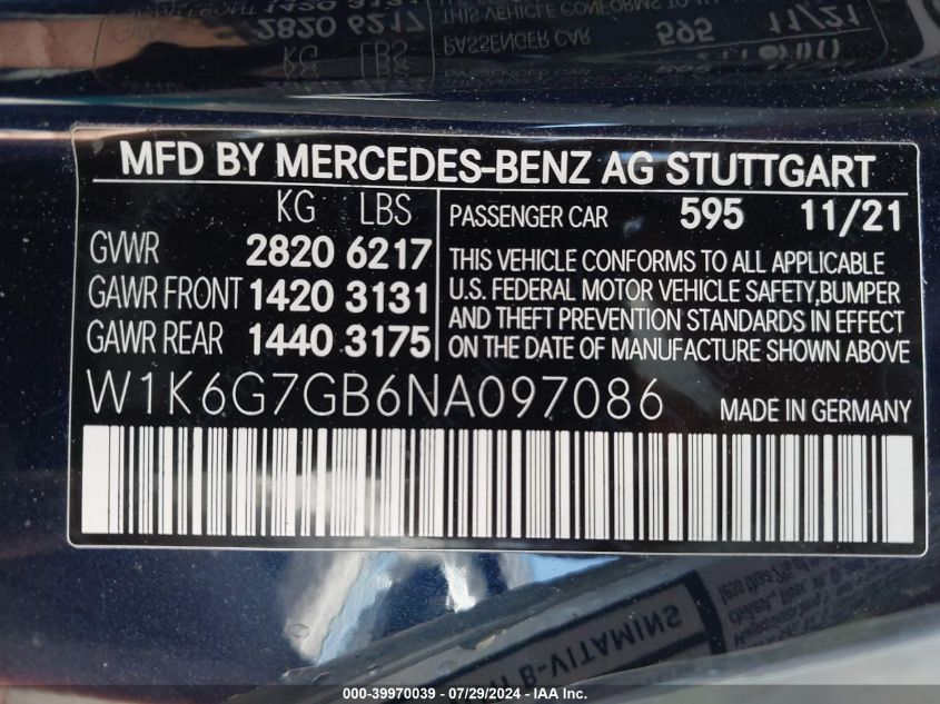 2022 Mercedes-Benz S 580 4Matic VIN: W1K6G7GB6NA097086 Lot: 39970039