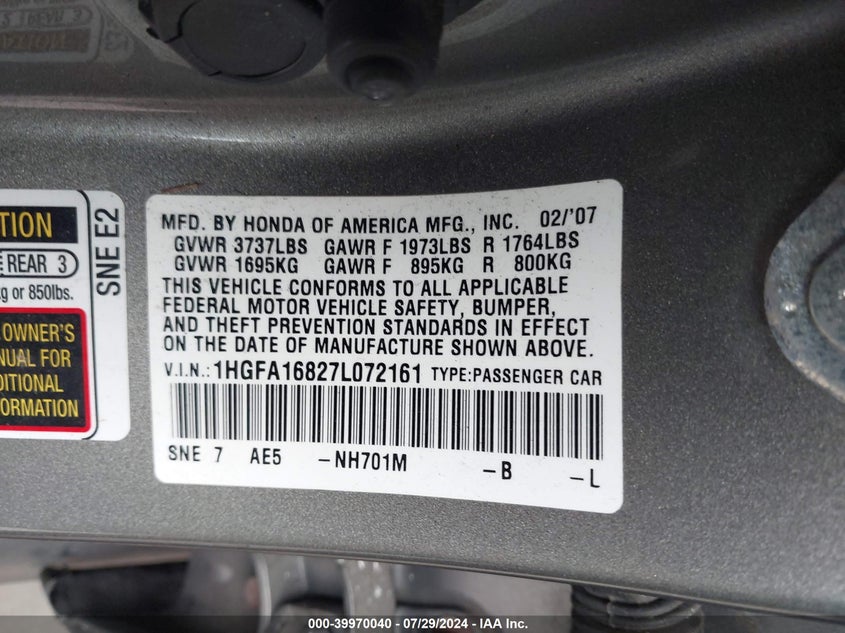 2007 Honda Civic Ex VIN: 1HGFA16827L072161 Lot: 39970040