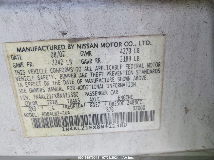 2008 Nissan Altima 2.5 S VIN: 1N4AL21EX8N411380 Lot: 39970041