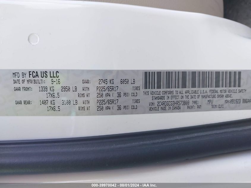 2017 Dodge Grand Caravan Sxt VIN: 2C4RDGCG3HR573800 Lot: 39970042