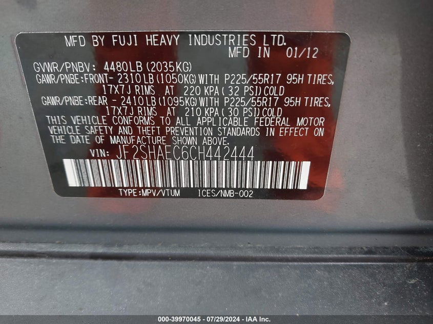 2012 Subaru Forester 2.5X Limited VIN: JF2SHAEC6CH442444 Lot: 39970045