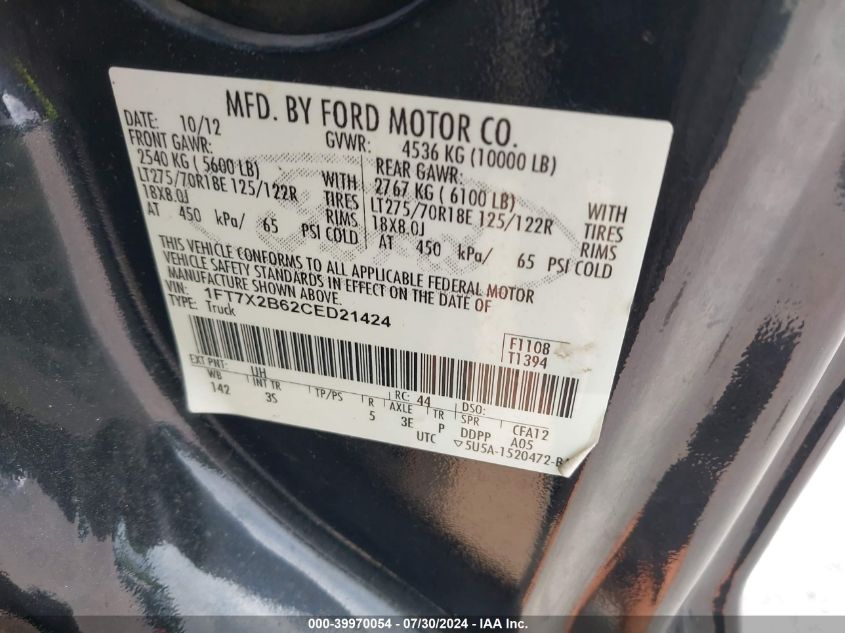 2012 Ford F-250 Xlt VIN: 1FT7X2B62CED21424 Lot: 39970054