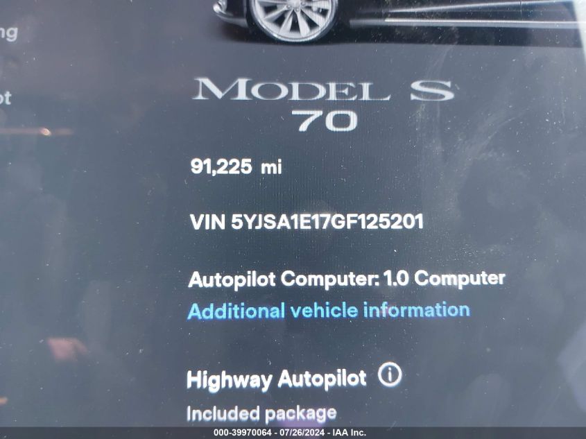 2016 Tesla Model S 60/70/75/85 VIN: 5YJSA1E17GF125201 Lot: 39970064