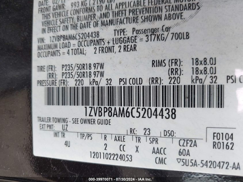 2012 Ford Mustang V6 Premium VIN: 1ZVBP8AM6C5204438 Lot: 39970071