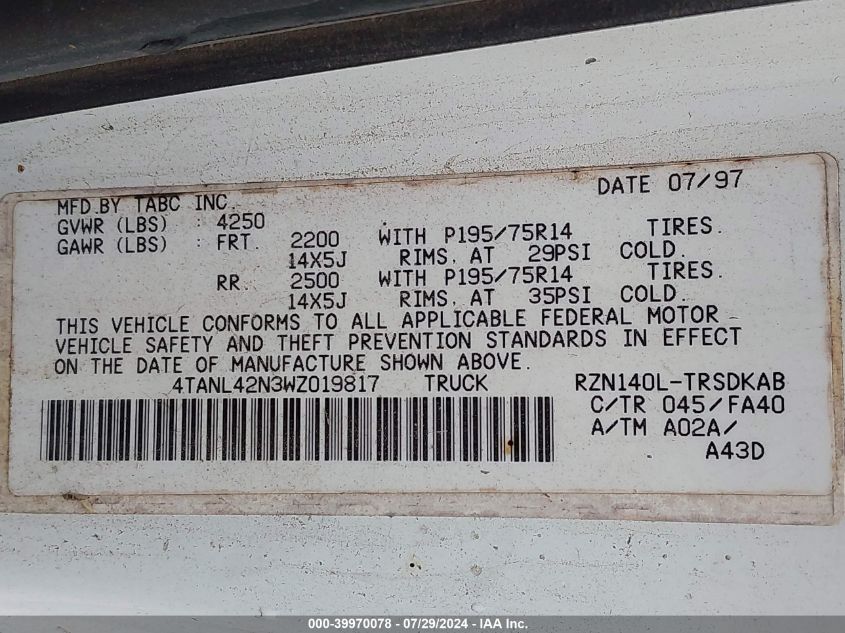 1998 Toyota Tacoma VIN: 4TANL42N3WZ019817 Lot: 39970078