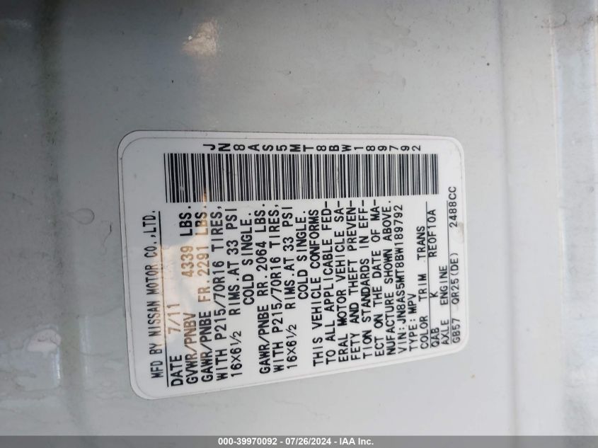 2011 Nissan Rogue S VIN: JN8AS5MT8BW189792 Lot: 39970092