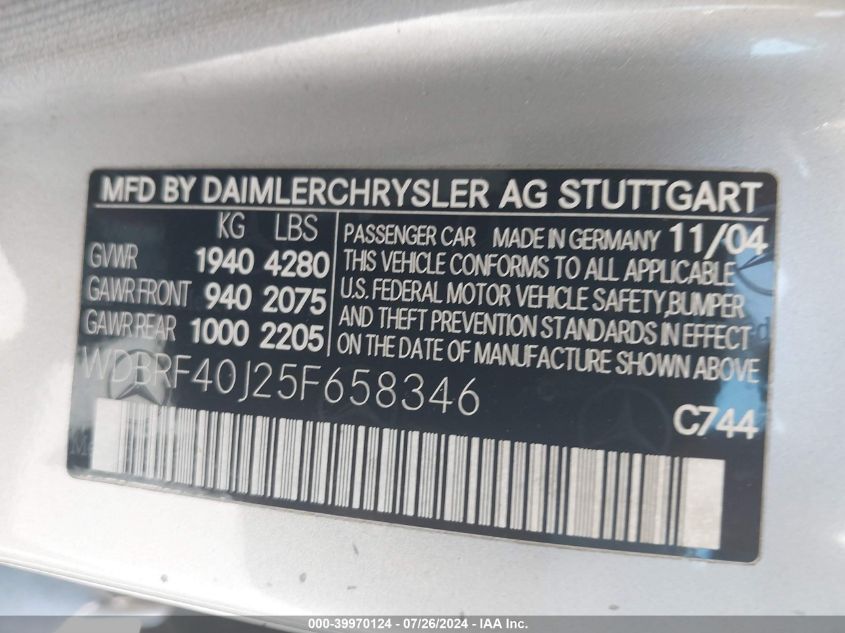 2005 Mercedes-Benz C 230 Kompressor Sport VIN: WDBRF40J25F658346 Lot: 39970124