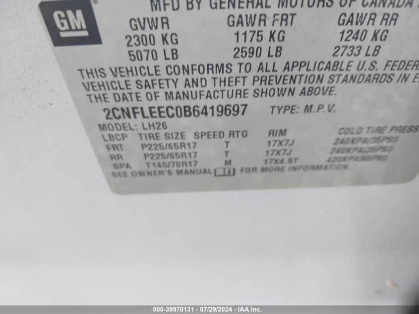 2011 Chevrolet Equinox 1Lt VIN: 2CNFLEEC0B6419697 Lot: 39970131