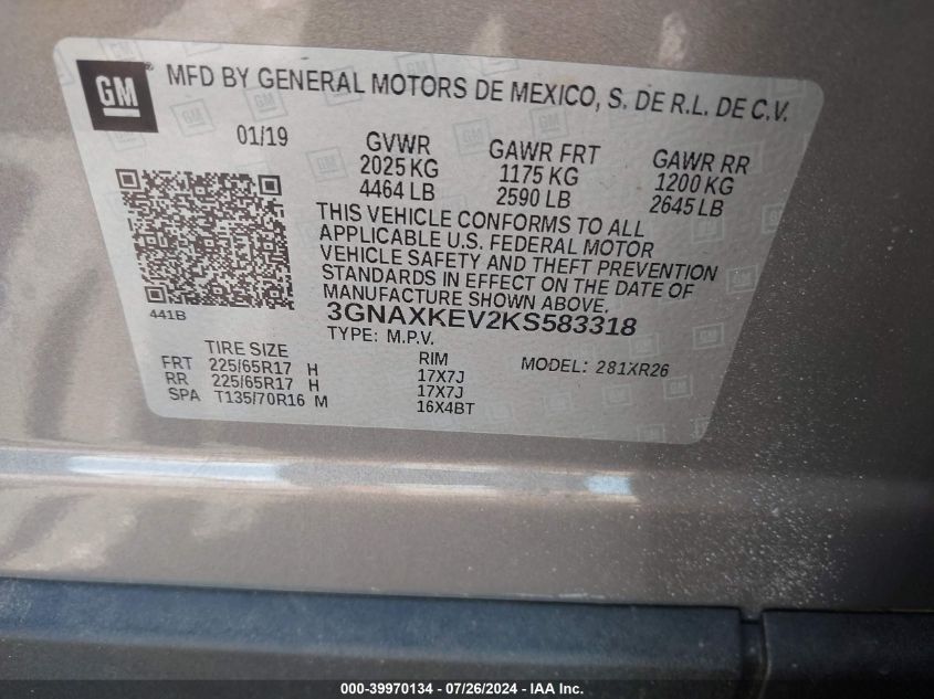 2019 CHEVROLET EQUINOX LT - 3GNAXKEV2KS583318