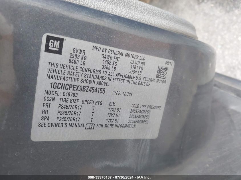 2011 Chevrolet Silverado 1500 C1500 VIN: 1GCNCPEX9BZ454158 Lot: 39970137