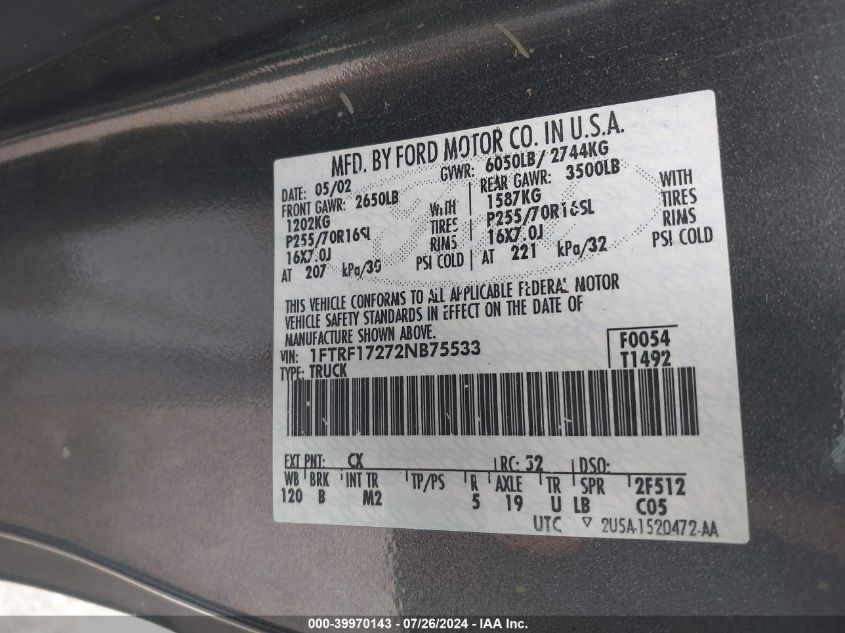 2002 Ford F-150 Xl/Xlt VIN: 1FTRF17272NB75533 Lot: 39970143