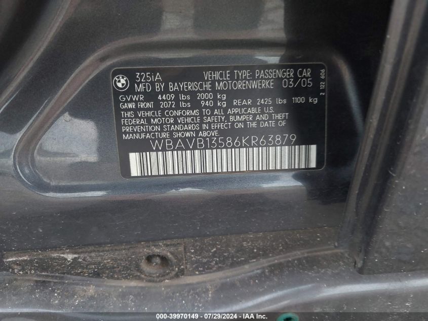 2006 BMW 325I VIN: WBAVB13586KR63879 Lot: 39970149