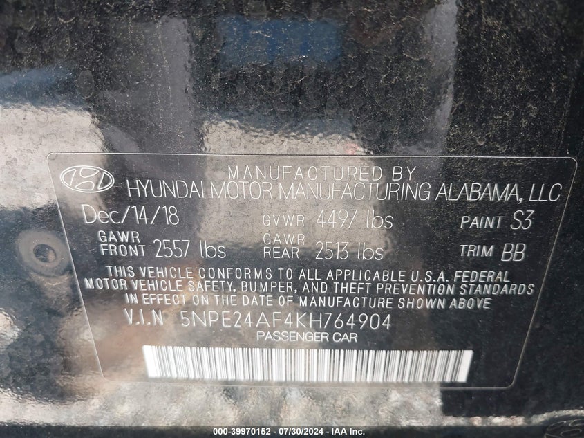 2019 Hyundai Sonata Se VIN: 5NPE24AF4KH764904 Lot: 39970152