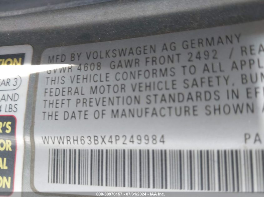 2004 Volkswagen Passat Glx VIN: WVWRH63BX4P249984 Lot: 39970157