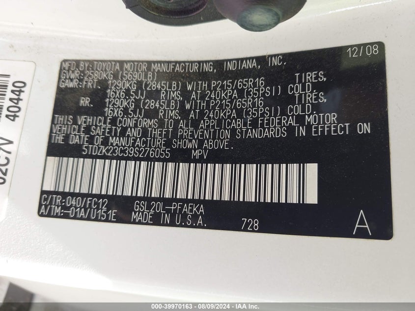 2009 Toyota Sienna Le VIN: 5TDZK23C39S276055 Lot: 39970163