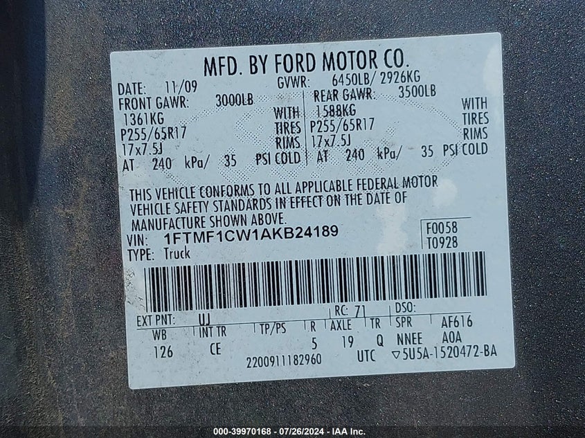 2010 Ford F-150 Stx/Xl/Xlt VIN: 1FTMF1CW1AKB24189 Lot: 39970168