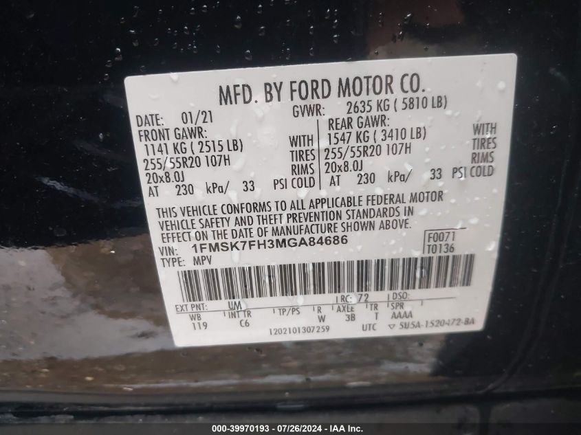 2021 Ford Explorer Limited VIN: 1FMSK7FH3MGA84686 Lot: 39970193