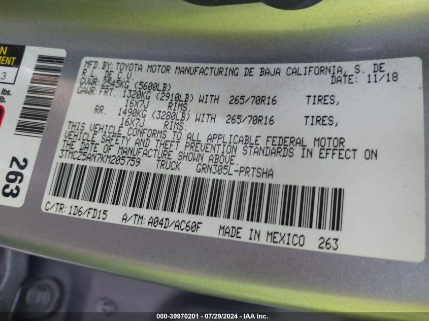 2019 Toyota Tacoma Double Cab/Sr/Sr5/Trd Spo VIN: 3TMCZ5AN7KM205759 Lot: 39970201