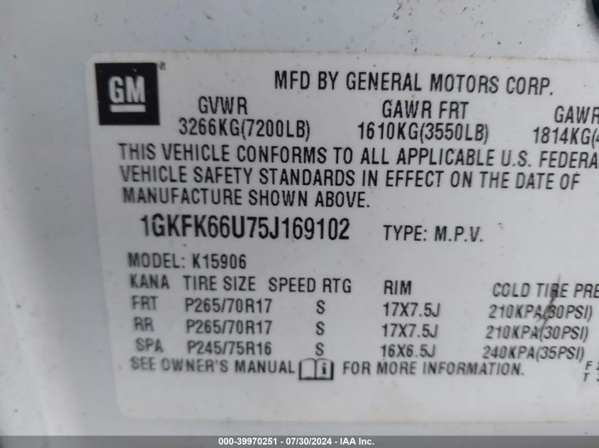 2005 GMC Yukon Xl 1500 Denali VIN: 1GKFK66U75J169102 Lot: 39970251