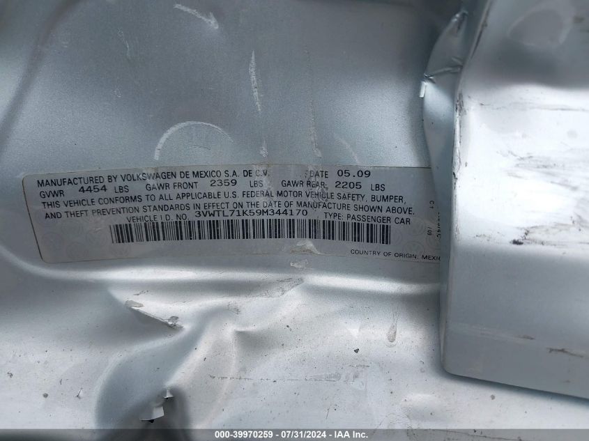 2009 Volkswagen Jetta Tdi VIN: 3VWTL71K59M344170 Lot: 39970259