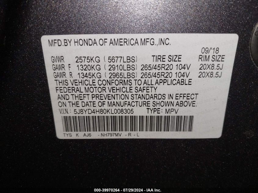 5J8YD4H80KL008305 2019 Acura Mdx Advance Pkg