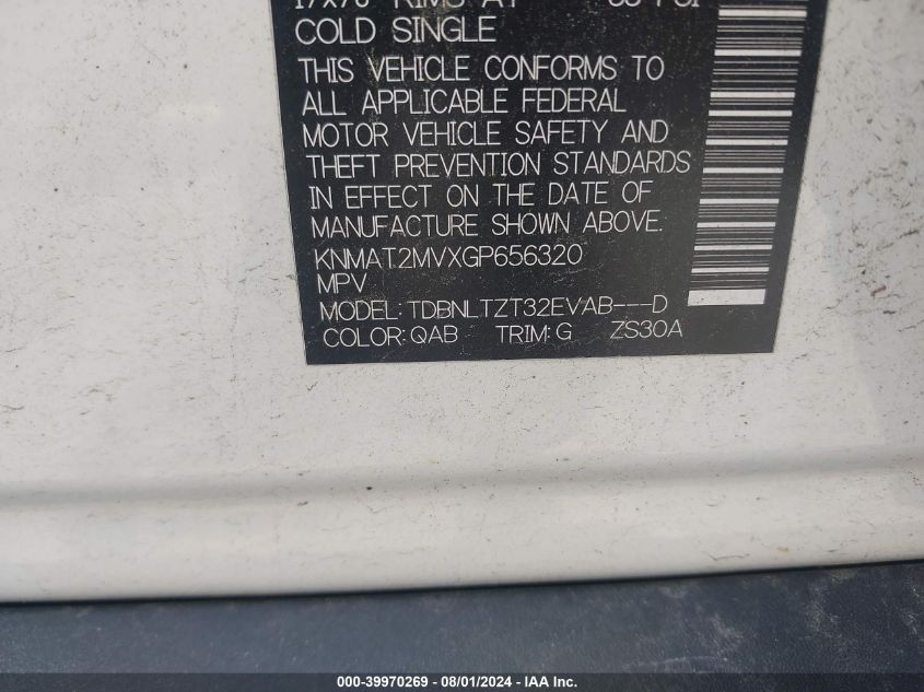 2016 Nissan Rogue Sv VIN: KNMAT2MVXGP656320 Lot: 39970269