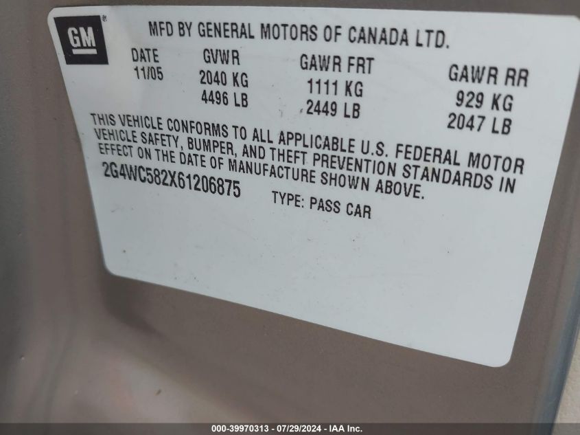 2006 Buick Lacrosse Cx VIN: 2G4WC582X61206875 Lot: 39970313