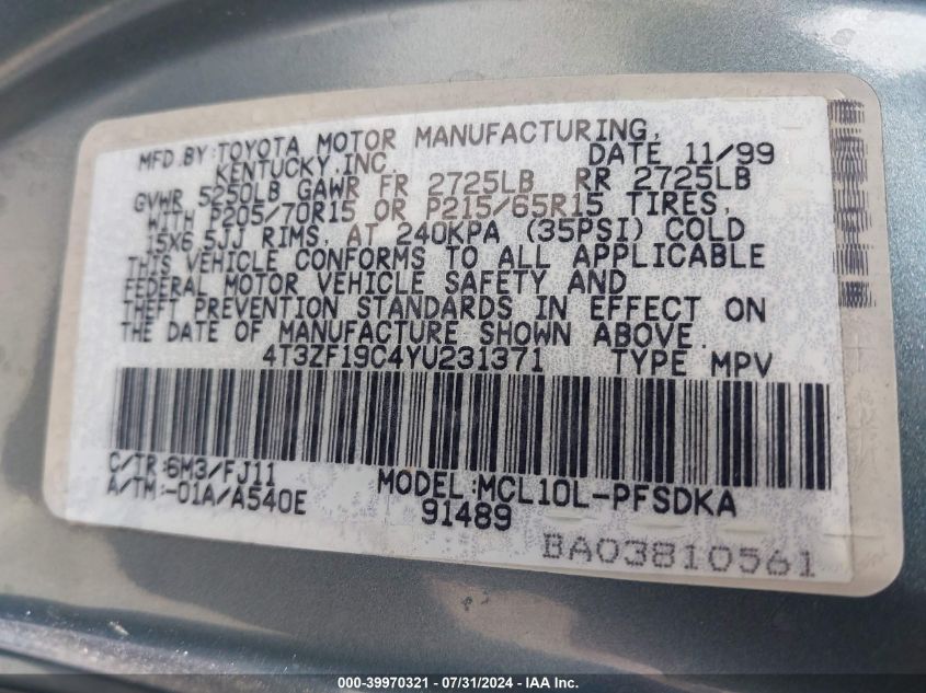 2000 Toyota Sienna Ce VIN: 4T3ZF19C4YU231371 Lot: 39970321