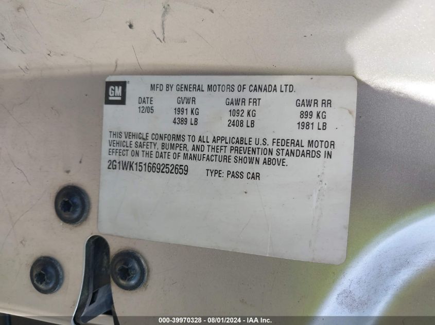 2006 Chevrolet Monte Carlo Lt VIN: 2G1WK151669252659 Lot: 39970328