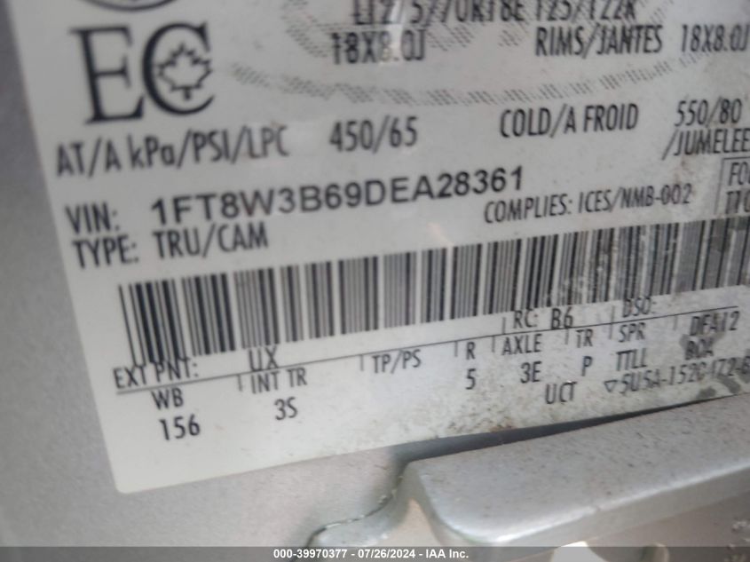 2013 Ford F350 Super Duty VIN: 1FT8W3B69DEA28361 Lot: 39970377
