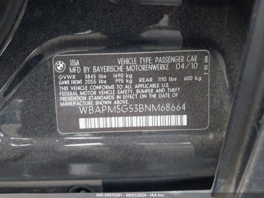 2011 BMW 335 I VIN: WBAPM5G53BNM68664 Lot: 39970381