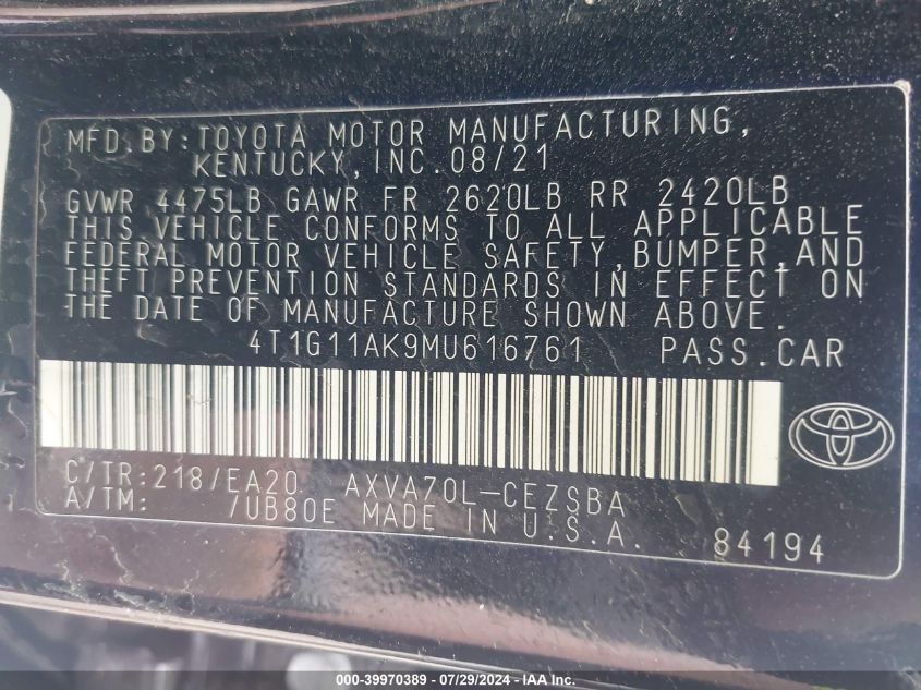 4T1G11AK9MU616761 2021 Toyota Camry Se