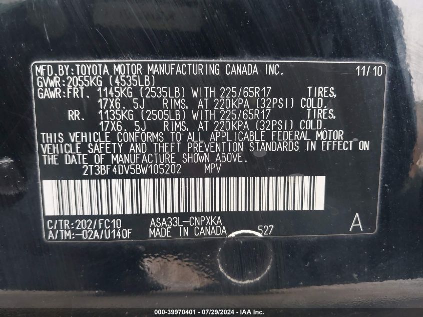 2011 Toyota Rav4 VIN: 2T3BF4DV5BW105202 Lot: 39970401