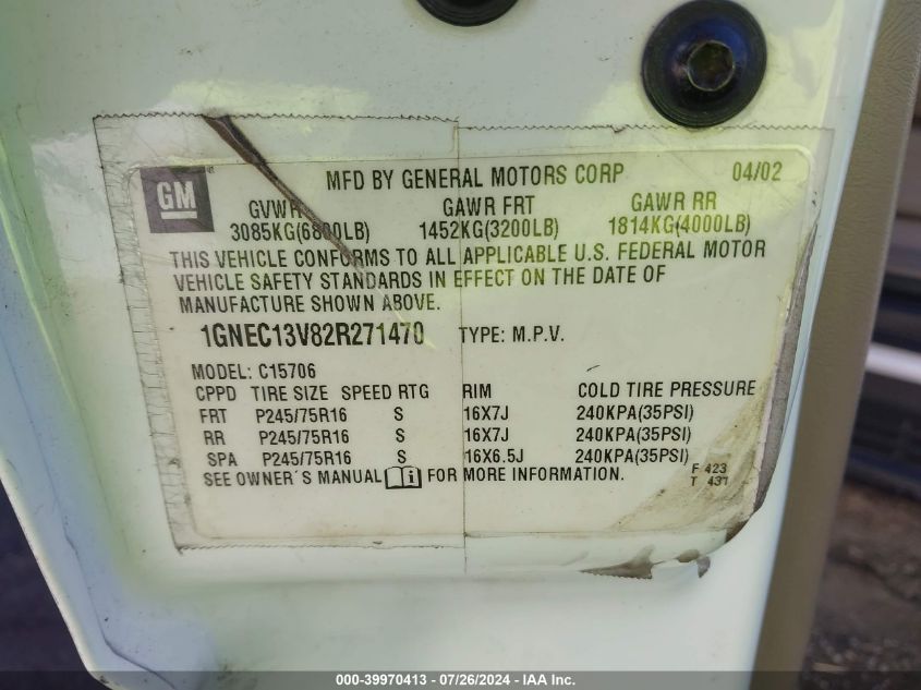 2002 Chevrolet Tahoe C1500 VIN: 1GNEC13V82R271470 Lot: 39970413