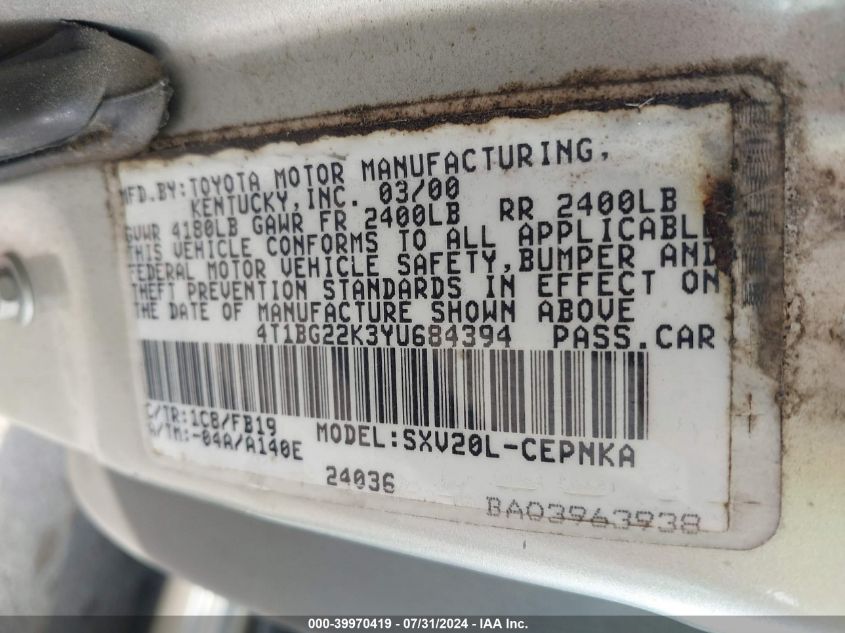 2000 Toyota Camry Le VIN: 4T1BG22K3YU684394 Lot: 39970419