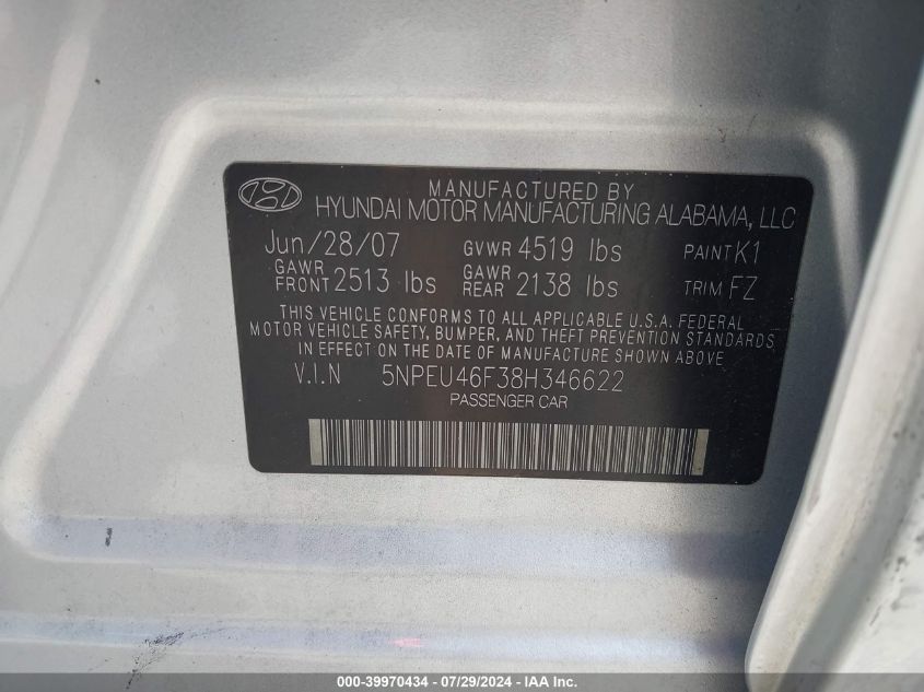 5NPEU46F38H346622 2008 Hyundai Sonata Limited V6/Se V6