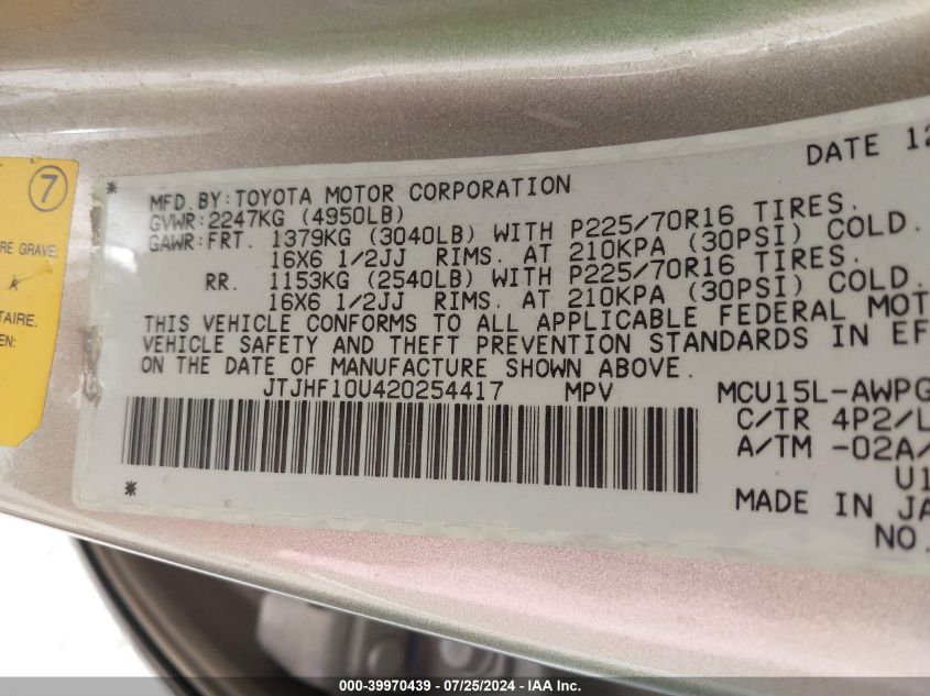 2002 Lexus Rx 300 VIN: JTJHF10U420254417 Lot: 39970439