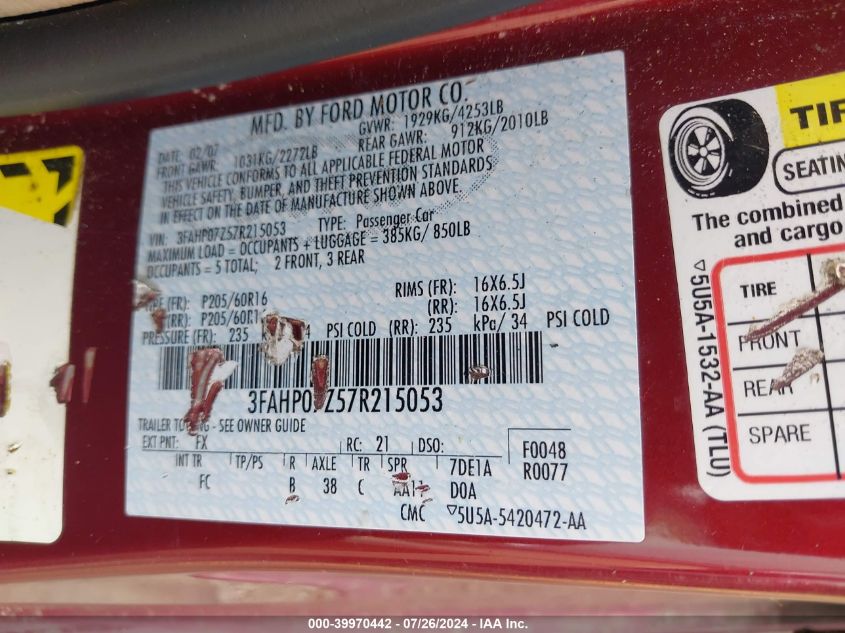 2007 Ford Fusion Se VIN: 3FAHP07Z57R215053 Lot: 39970442