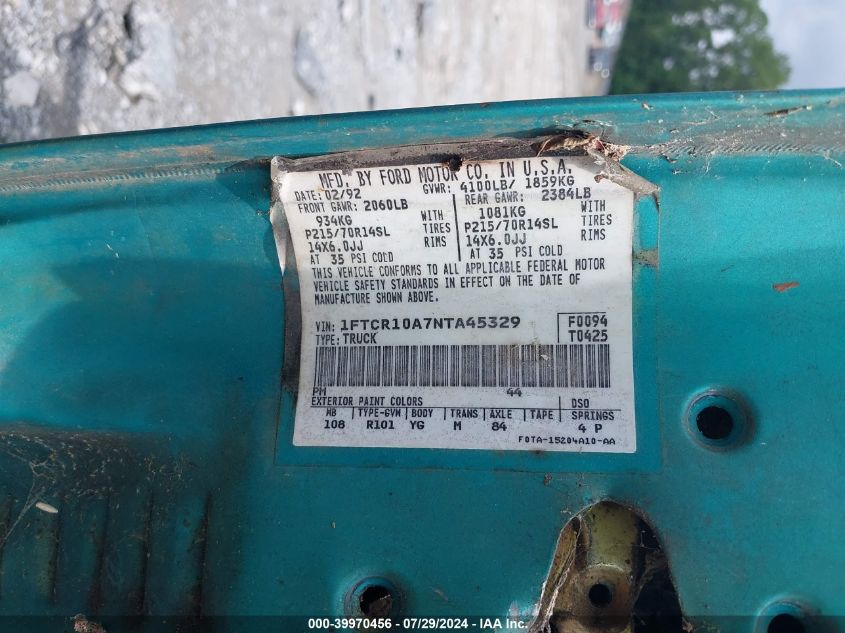 1992 Ford Ranger VIN: 1FTCR10A7NTA45329 Lot: 39970456