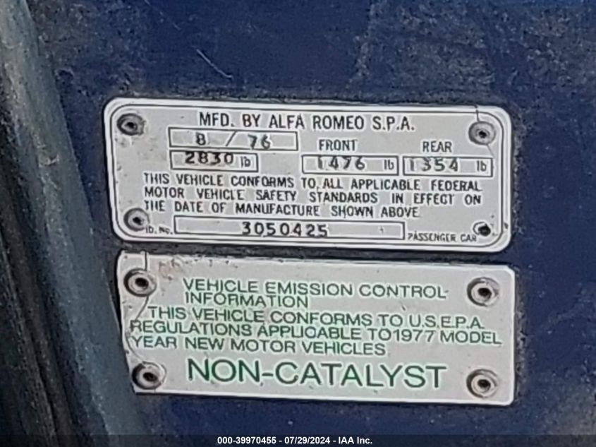 1977 Alfa Romeo Spider VIN: AR3050425 Lot: 39970455