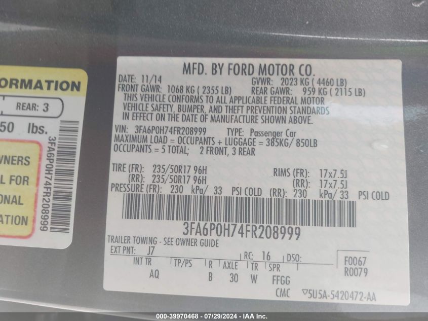 2015 FORD FUSION SE - 3FA6P0H74FR208999