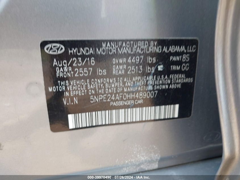 VIN 5NPE24AF0HH489007 2017 HYUNDAI SONATA