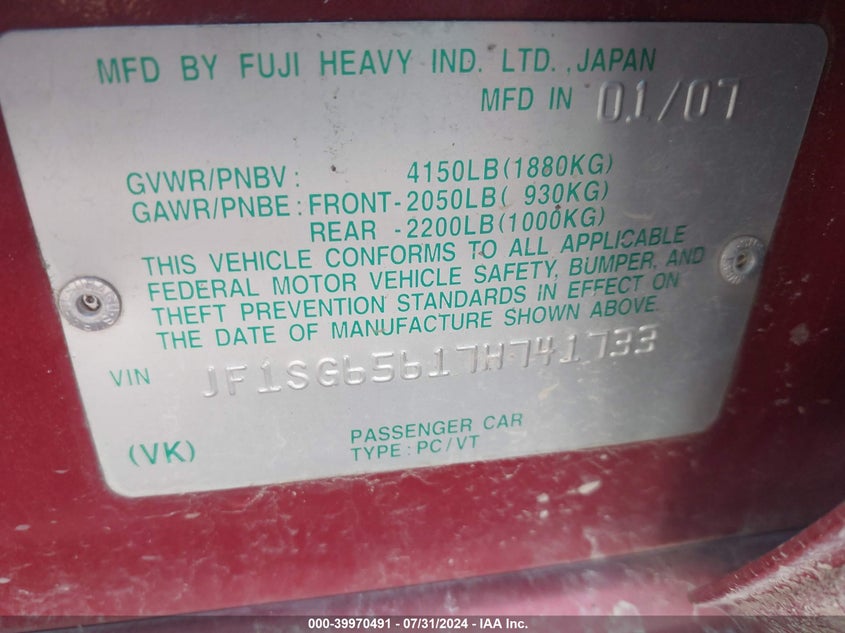 2007 Subaru Forester 2.5X VIN: JF1SG65617H741733 Lot: 39970491