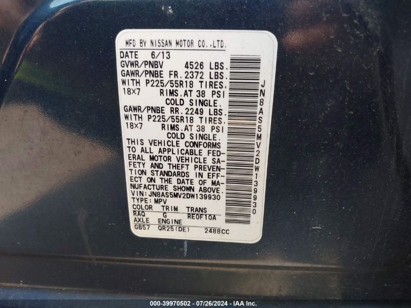 2013 Nissan Rogue S/Sv VIN: JN8AS5MV2DW139930 Lot: 39970502