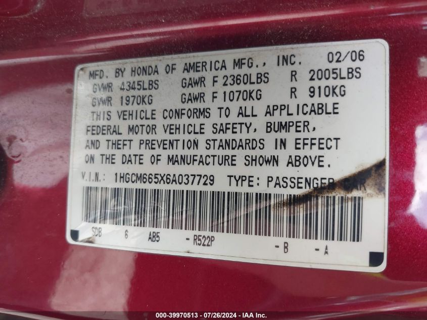 2006 Honda Accord 3.0 Ex VIN: 1HGCM665X6A037729 Lot: 39970513