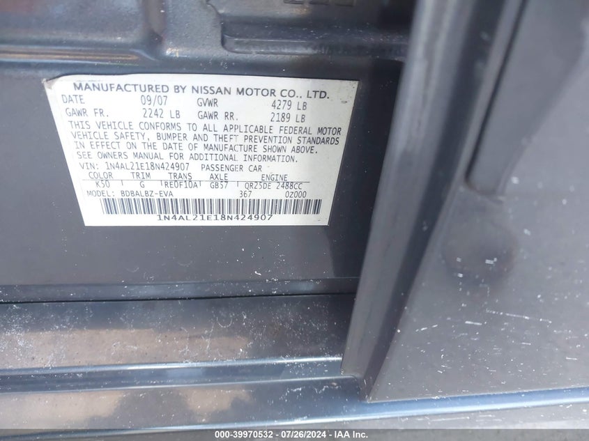 2008 Nissan Altima 2.5 S VIN: 1N4AL21E18N424907 Lot: 39970532